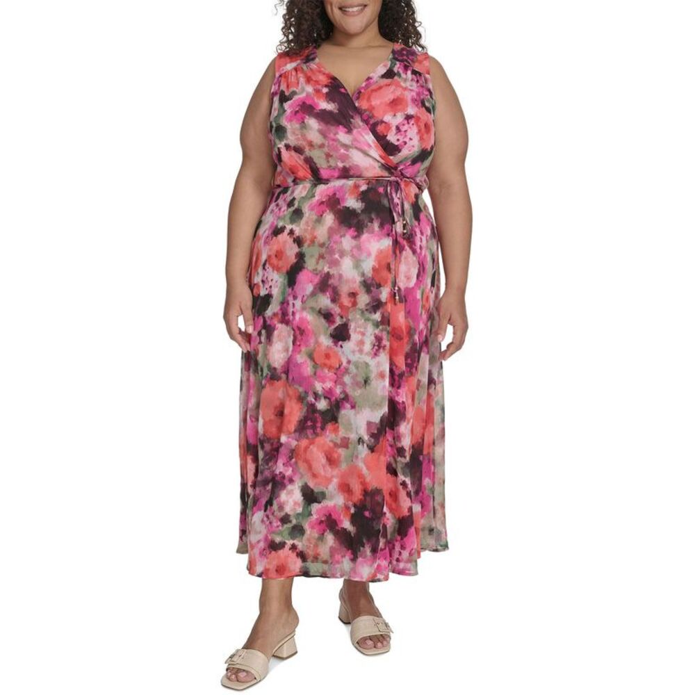 Calvin Klein Womens Plus Size Floral Chiffon Faux Wrap Maxi Dress 20W Hibiscus